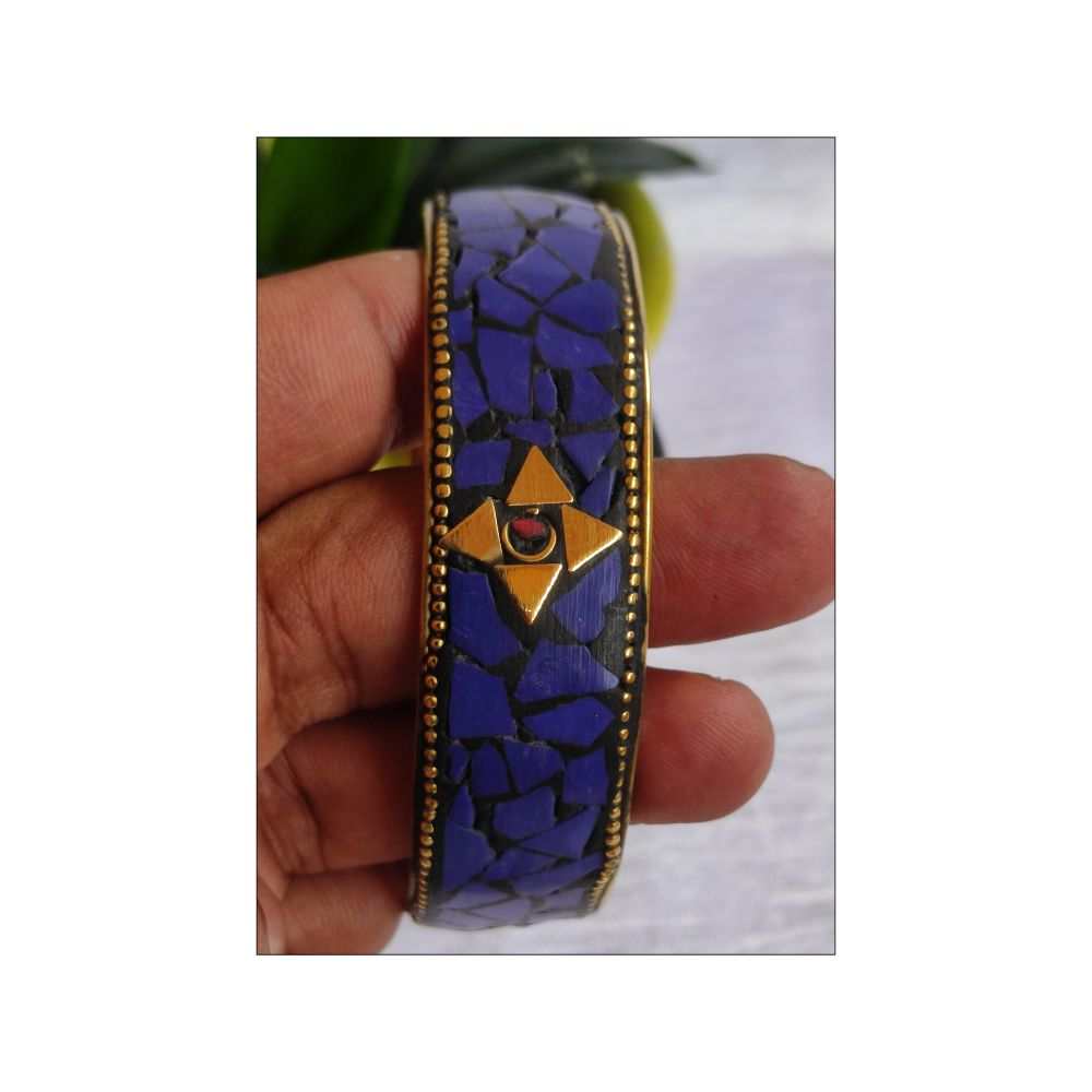 Tibetan style bangle | Brass and Stone | Blue - Image 2