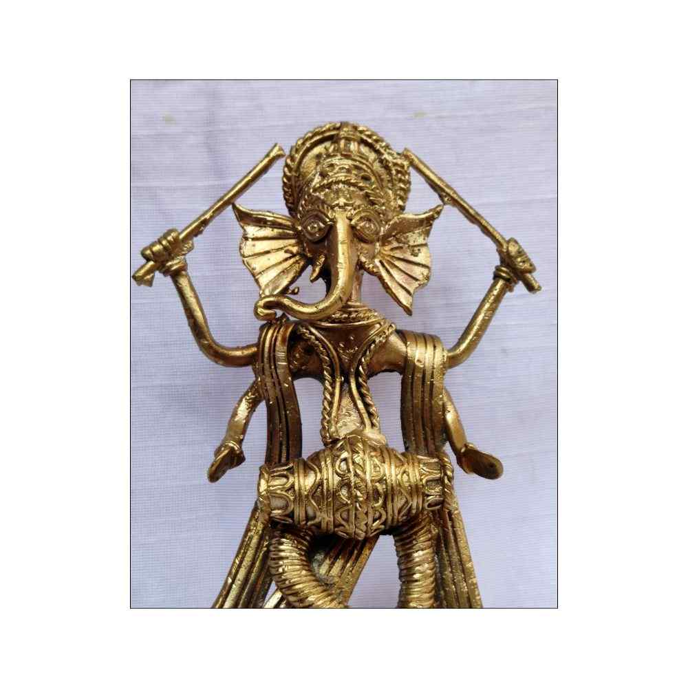Brass (Dokra) figurine of Ganesha dancing and playing drum | Height 8 Inches - Image 3