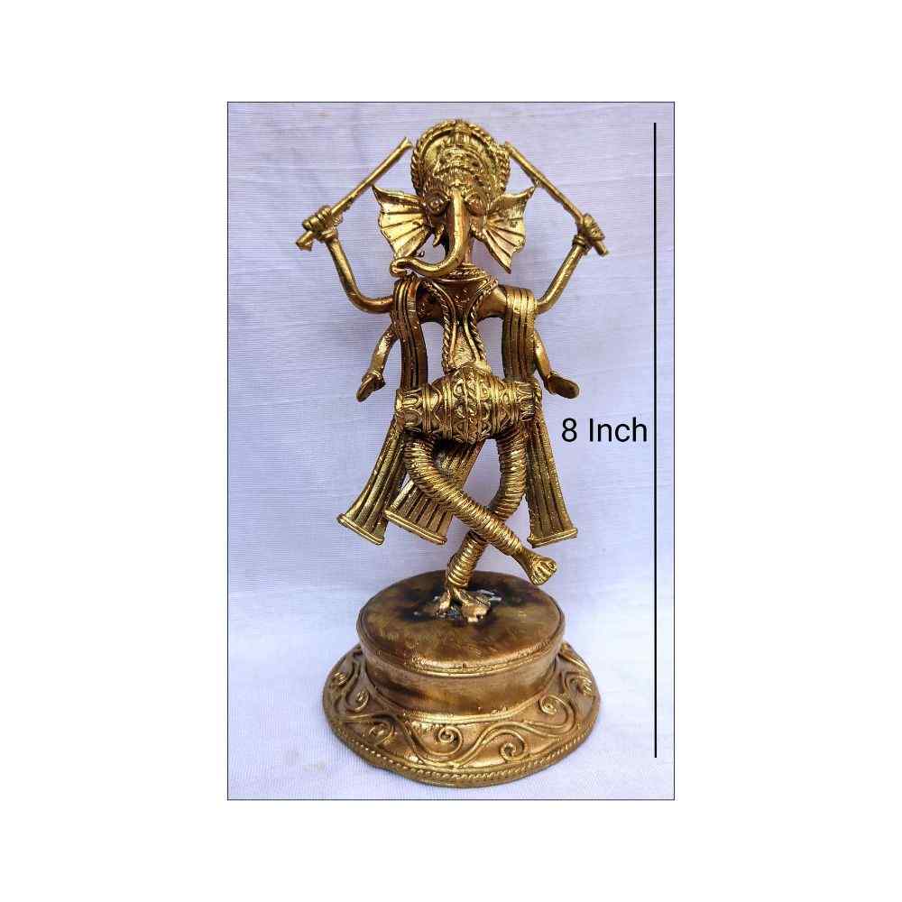 Brass (Dokra) figurine of Ganesha dancing and playing drum | Height 8 Inches - Image 4