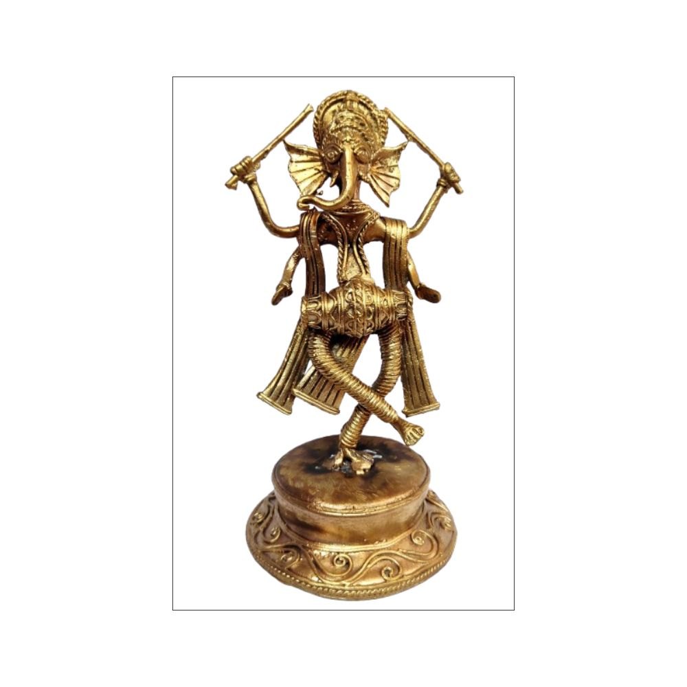 Brass (Dokra) figurine of Ganesha dancing and playing drum | Height 8 Inches - Image 2